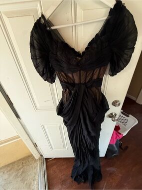 Black Sheer Maxi Dress with Draped Skirt and Puff Sleeves